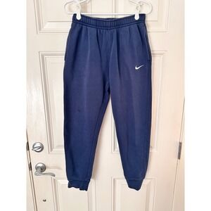 Nike Mens Fleece Joggers Navy Blue Sweatpants Medium Drawstring Snap Pocket